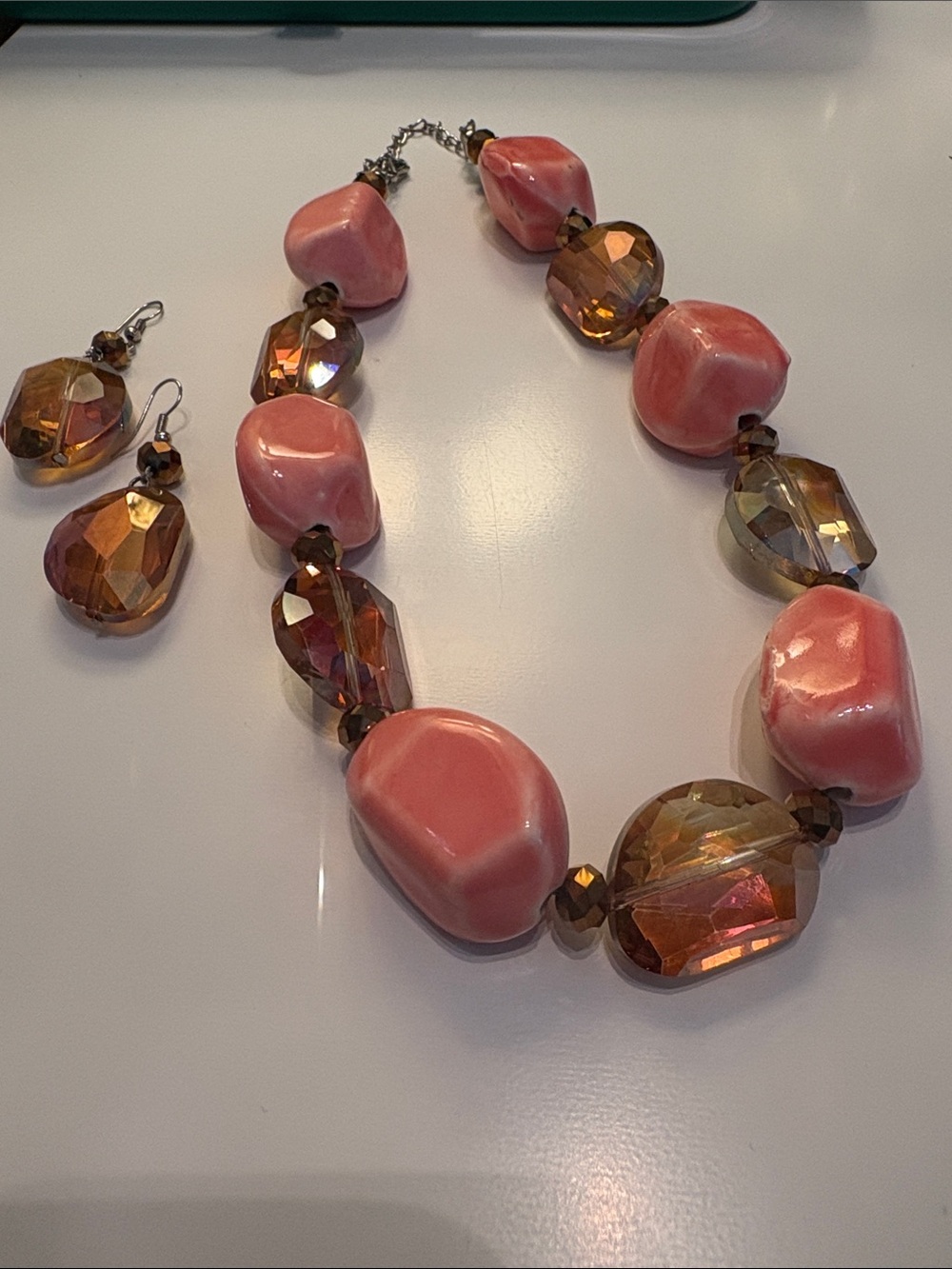 Pink and Amber Beaded Statement Necklace and Earring Set